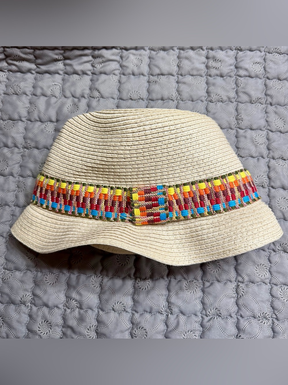 Cream Straw Sun Hat with Multicolor Woven Band